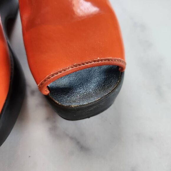 French 70s vintage glossy patent orange slingback wedge peep open toe size 12 ki - Picture 5 of 8